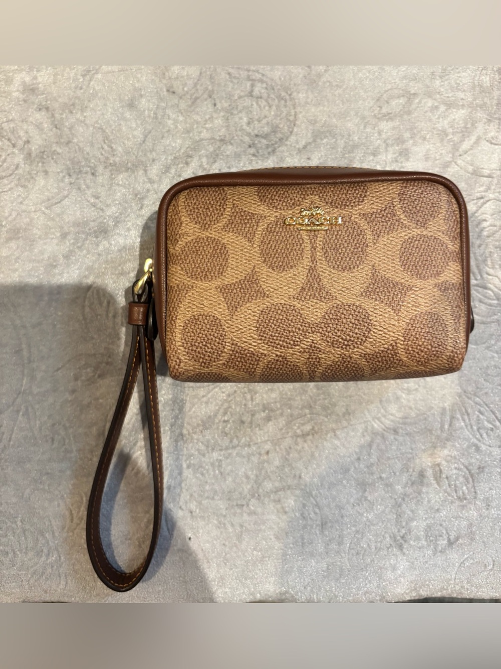 Coach Brown Signature Canvas Wristlet with Leather Strap